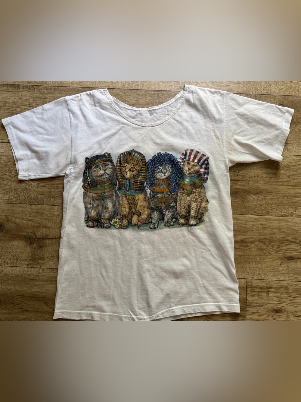 Vintage 80s/90s White Short Sleeve  Boatneck Tee with Egyptian Cats Graphic
